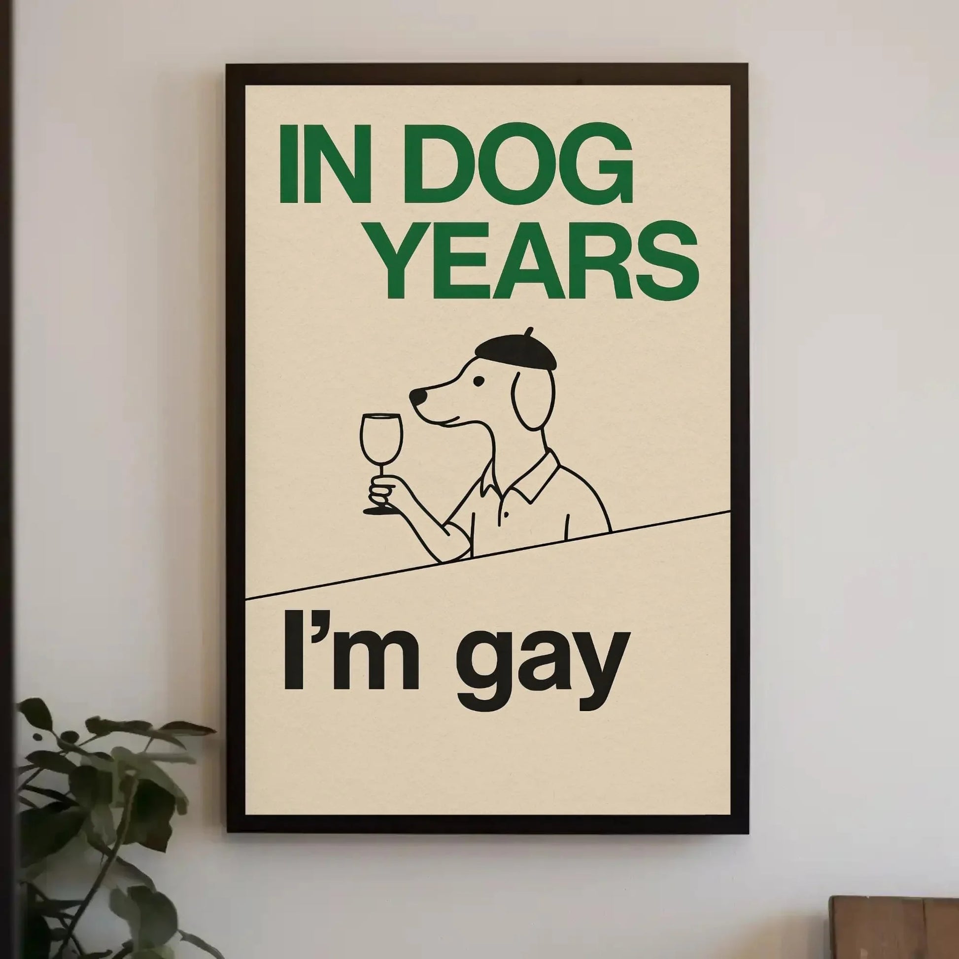 Funny gay dog print canvas wall art for LGBTQ living room or pride decor with retro cartoon style and in dog years I’m gay quote design Wall Art – Canvas Print