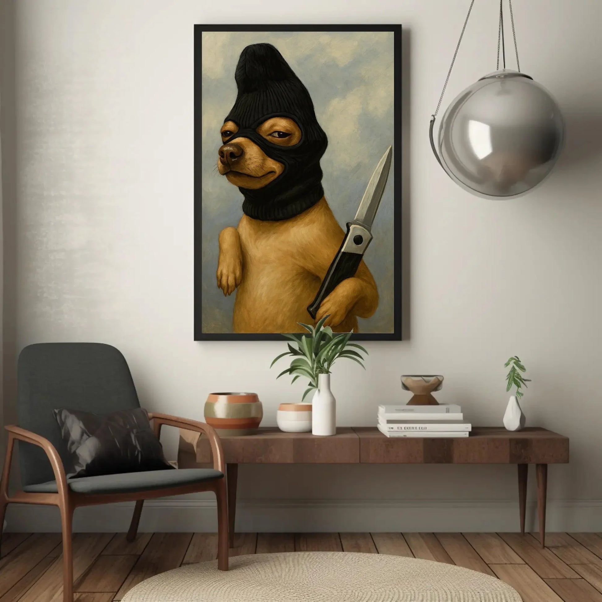 Funny criminal dog canvas wall art print for edgy home or dark humor decor with ski mask chihuahua and knife surreal animal painting Wall Art – Canvas Print