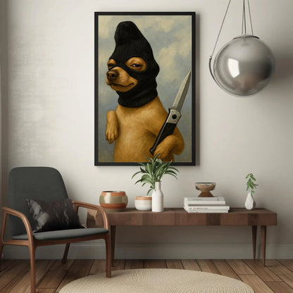 Funny criminal dog canvas wall art print for edgy home or dark humor decor with ski mask chihuahua and knife surreal animal painting Wall Art – Canvas Print