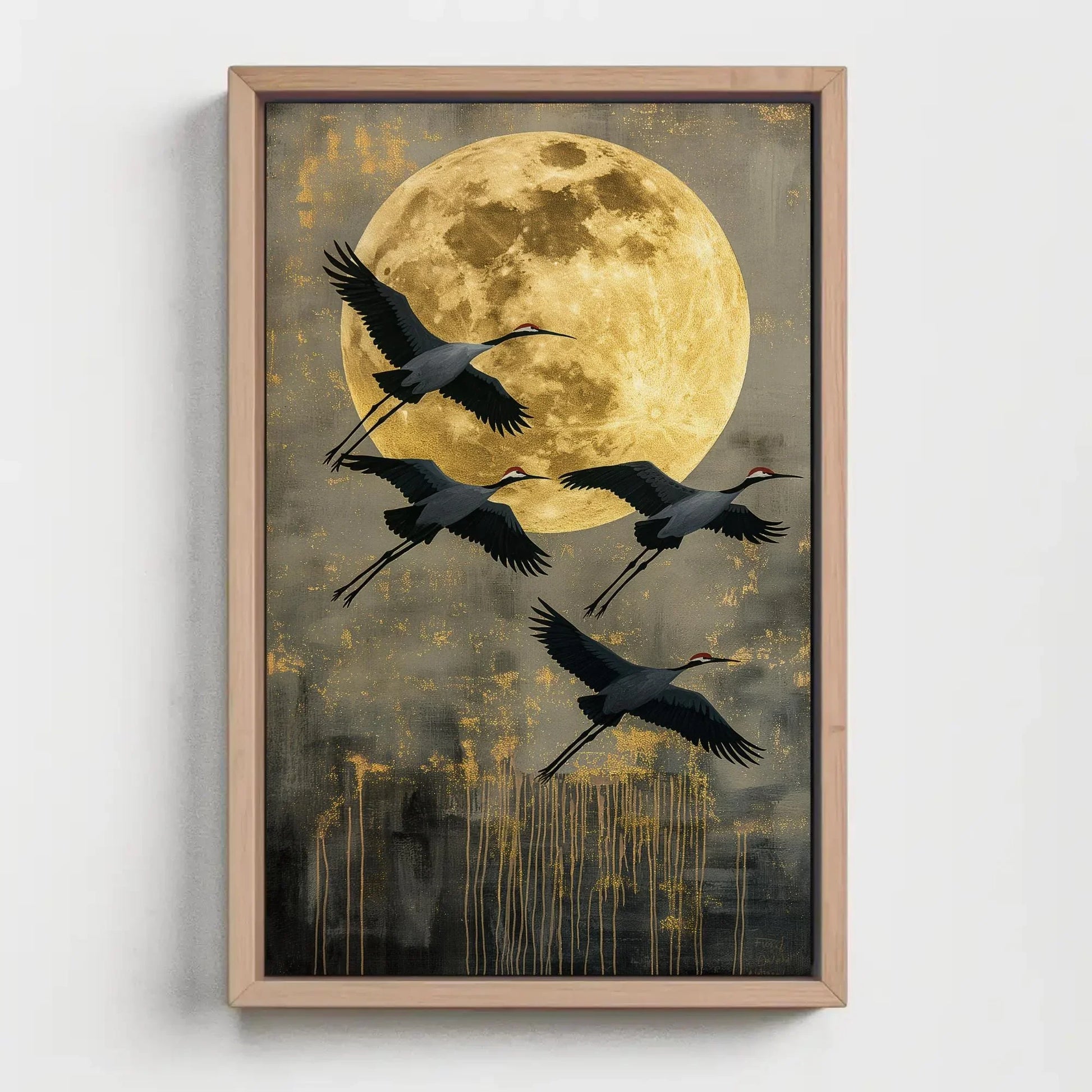 Flying Crane Canvas Print, Extra Large Golden Moon Sky Wall Art, Elegant Bird Painting, Japandi, Boho, Nature Bedroom and Living Room Decor Wall Art – Canvas Print