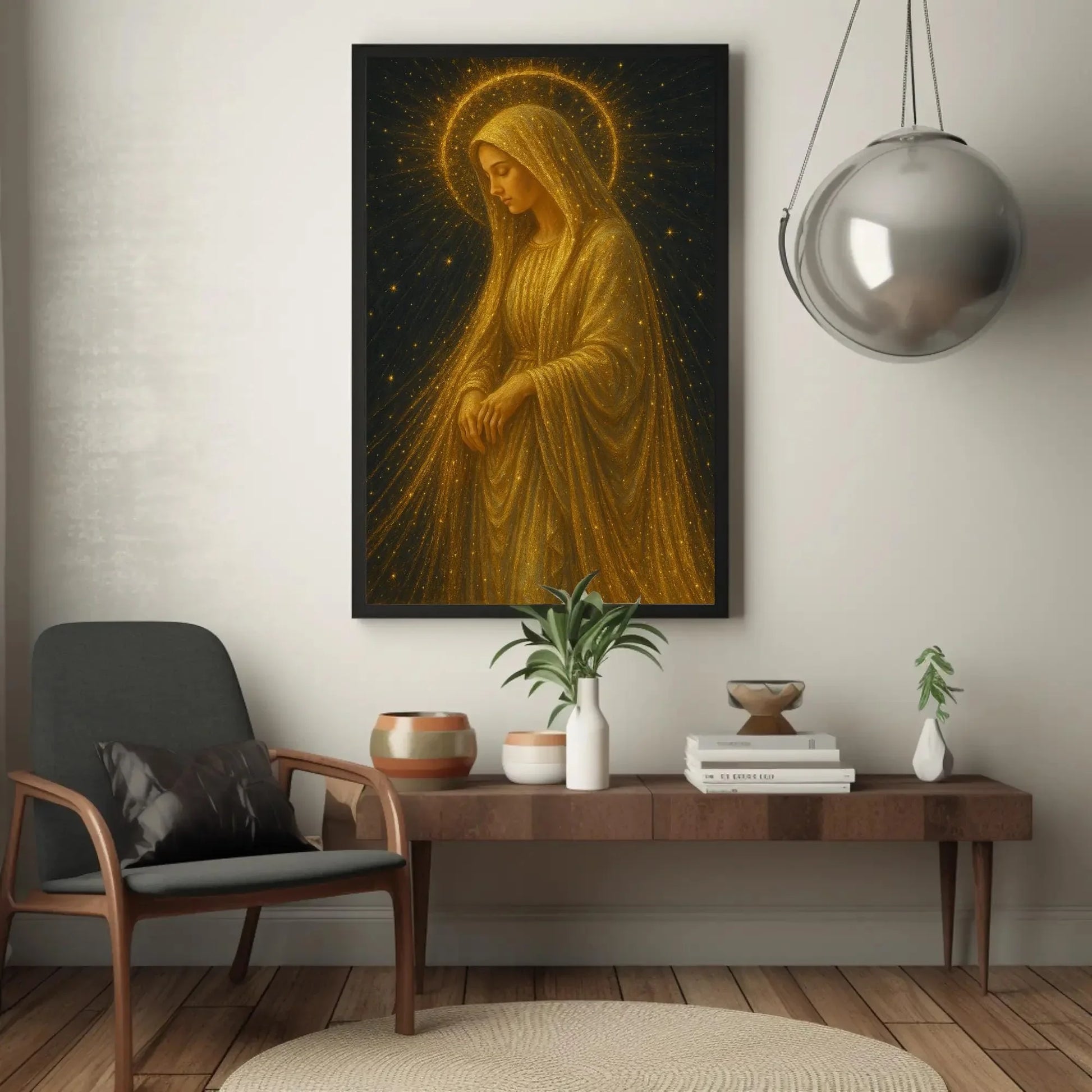 Golden Virgin Mary canvas wall art painting for spiritual home decor or celestial prayer room with glowing stars and radiant halo print Wall Art – Canvas Print