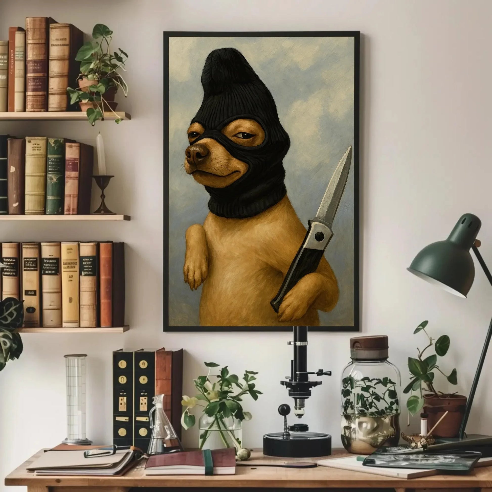 Funny criminal dog canvas wall art print for edgy home or dark humor decor with ski mask chihuahua and knife surreal animal painting Wall Art – Canvas Print
