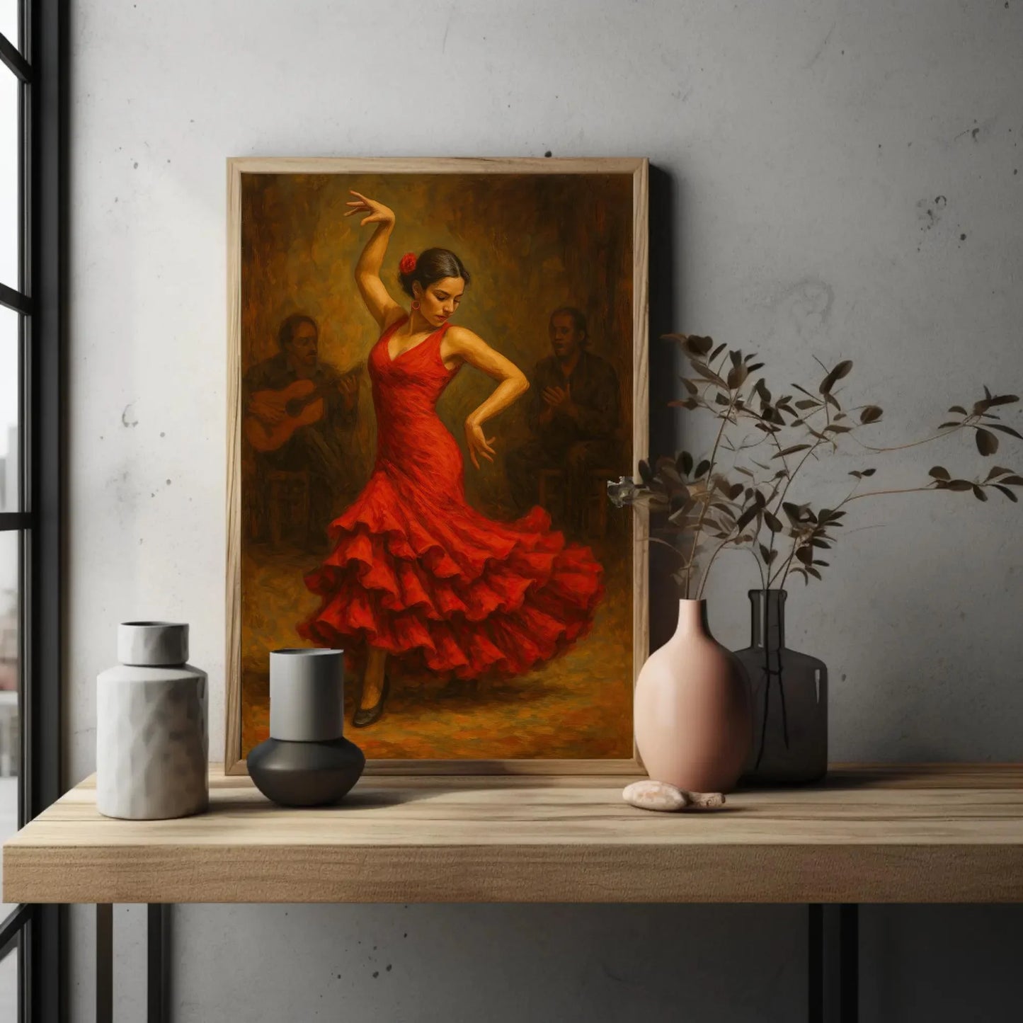 Elegant Spanish Flamenco Dancer in Red Dress Oil Painting Wall Art | Passionate Traditional Dance Scene Print for Cultural Home Decor Wall Art – Canvas Print