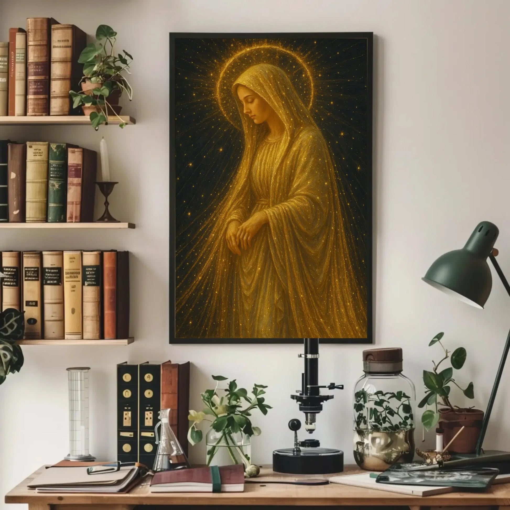 Golden Virgin Mary canvas wall art painting for spiritual home decor or celestial prayer room with glowing stars and radiant halo print Wall Art – Canvas Print