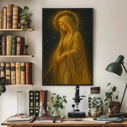 Golden Virgin Mary canvas wall art painting for spiritual home decor or celestial prayer room with glowing stars and radiant halo print Wall Art – Canvas Print