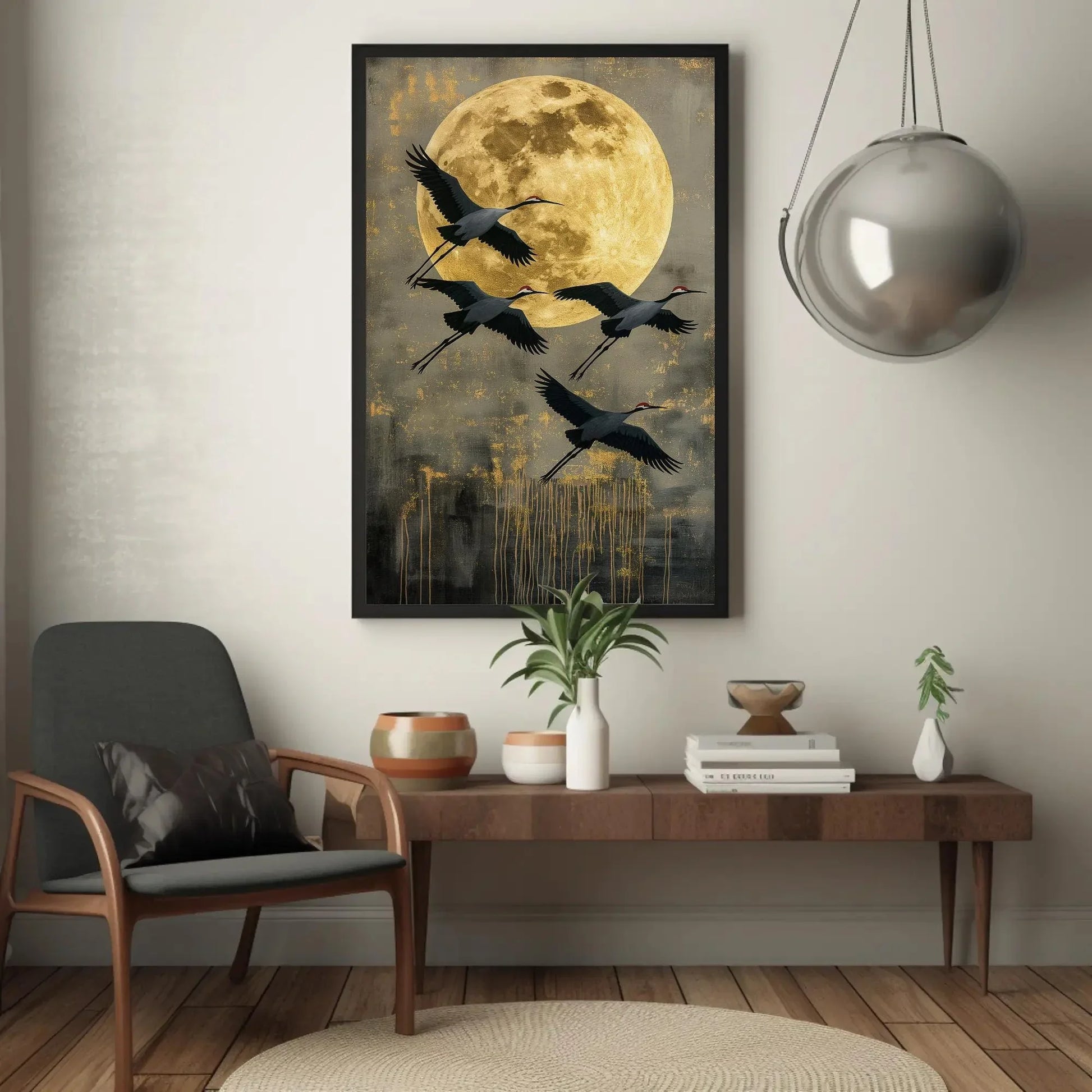 Flying Crane Canvas Print, Extra Large Golden Moon Sky Wall Art, Elegant Bird Painting, Japandi, Boho, Nature Bedroom and Living Room Decor Wall Art – Canvas Print