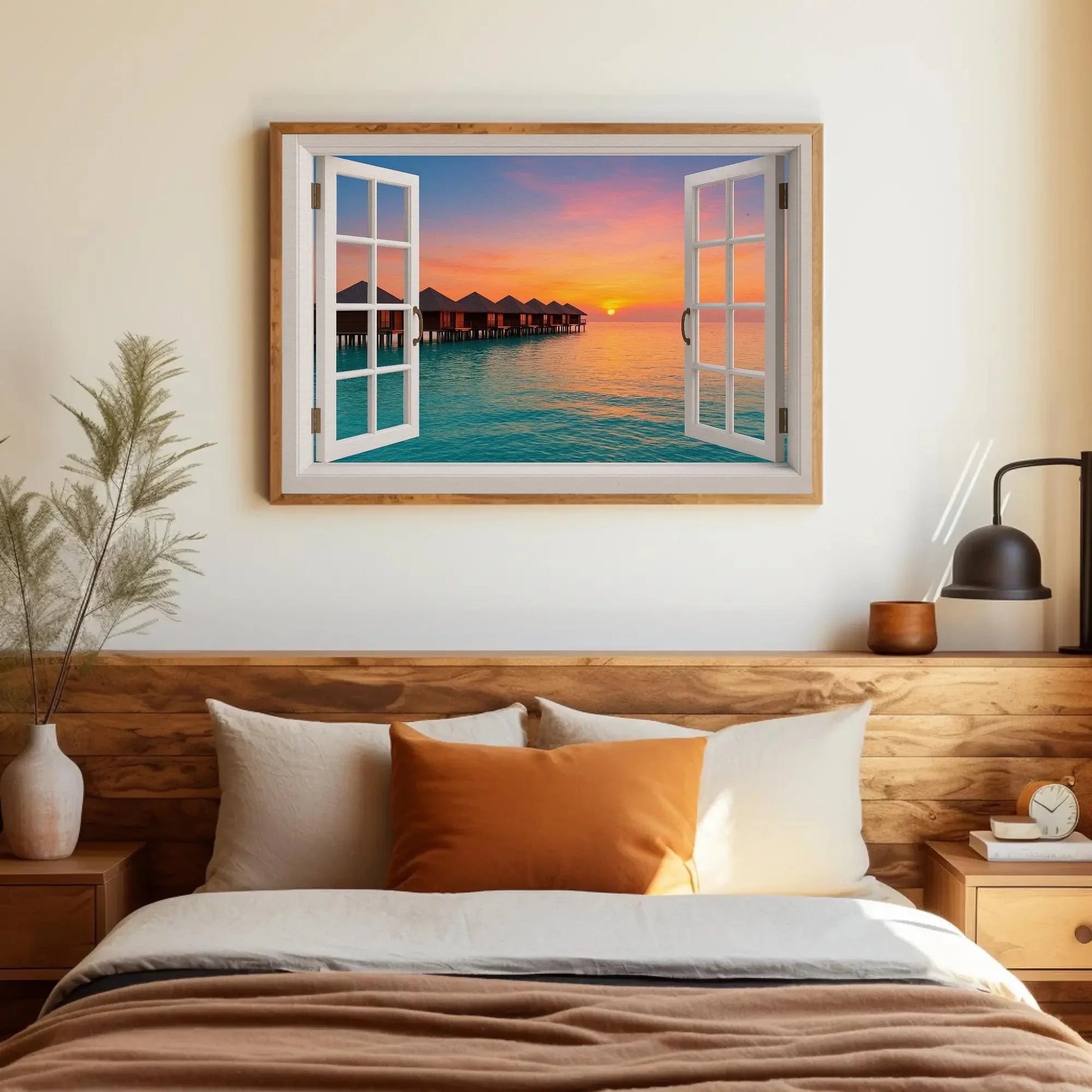 Maldives overwater bungalow canvas wall art print with open window view of tropical sunset ocean for beach house or island escape decor Wall Art – Canvas Print