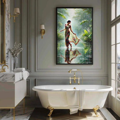 Monsoon Magic: Indian Women in Rain Canvas Print | Vibrant Traditional Oil Painting | Cultural Indian Wall Art for Living Room or Bedroom Wall Art – Canvas Print