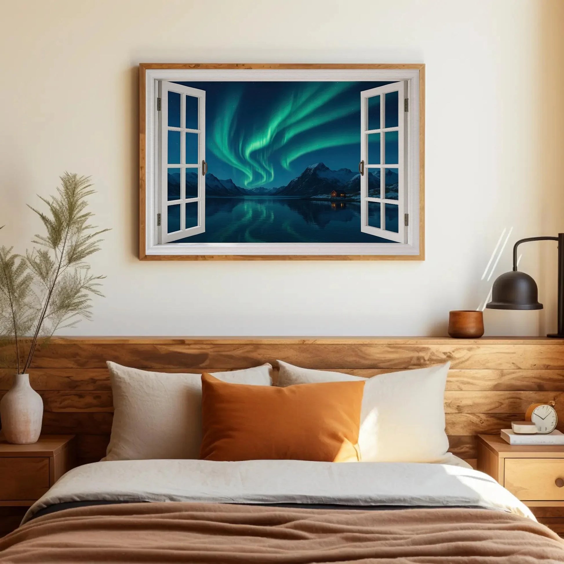 Northern lights open window view canvas wall art print for Scandinavian winter decor or night sky lovers aurora borealis painting Wall Art – Canvas Print