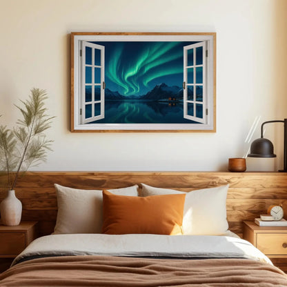 Northern lights open window view canvas wall art print for Scandinavian winter decor or night sky lovers aurora borealis painting Wall Art – Canvas Print