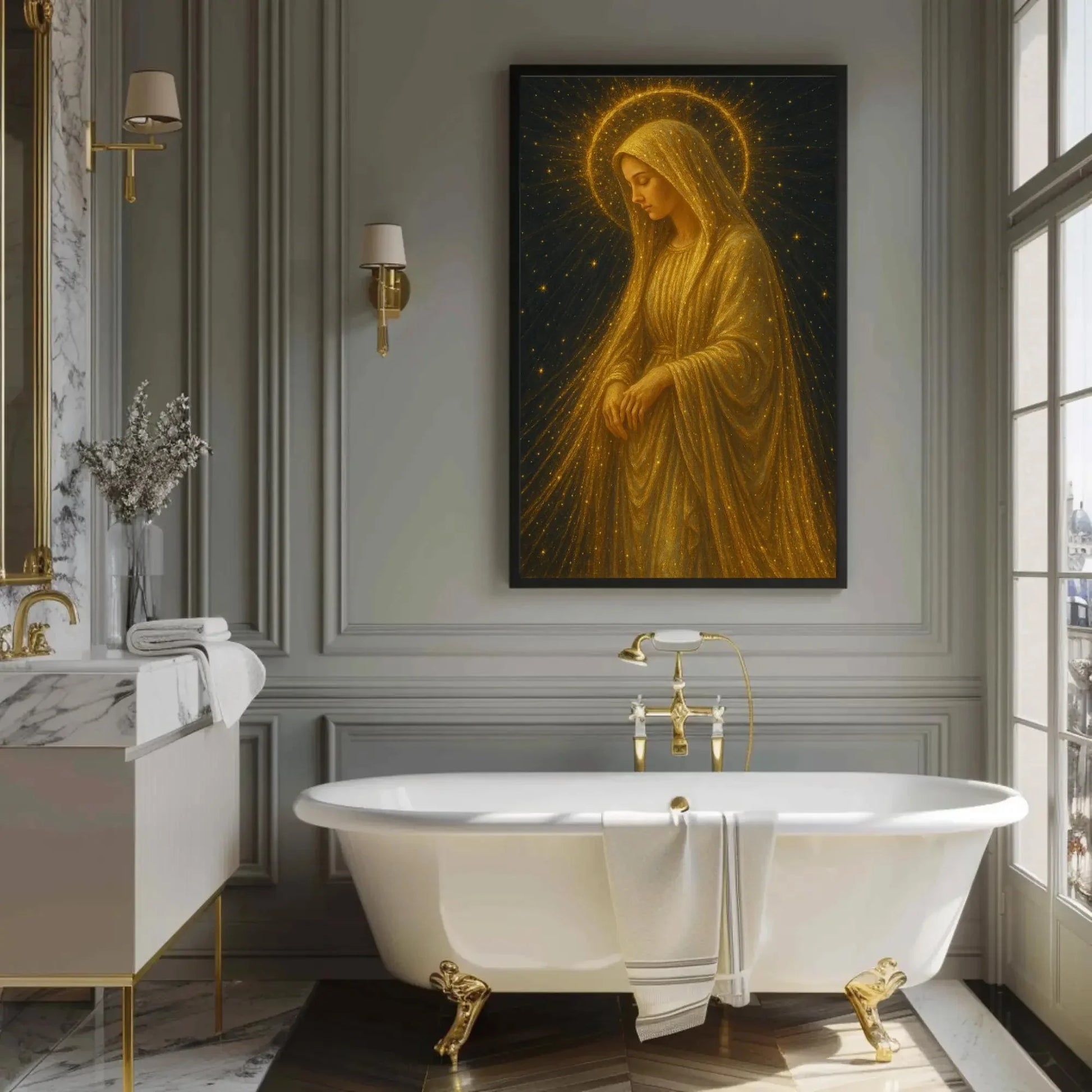 Golden Virgin Mary canvas wall art painting for spiritual home decor or celestial prayer room with glowing stars and radiant halo print Wall Art – Canvas Print
