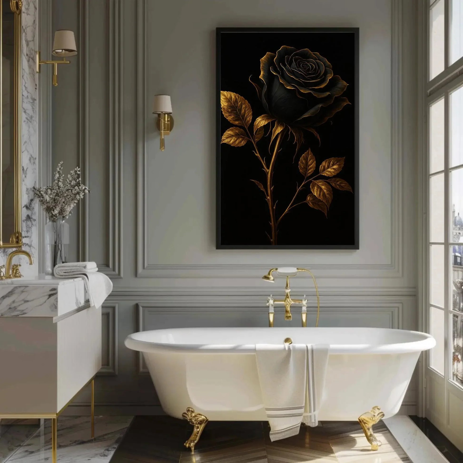 Elegant black rose canvas wall art print for gothic bedroom or moody floral decor with gold trimmed petals on black luxury background Wall Art – Canvas Print