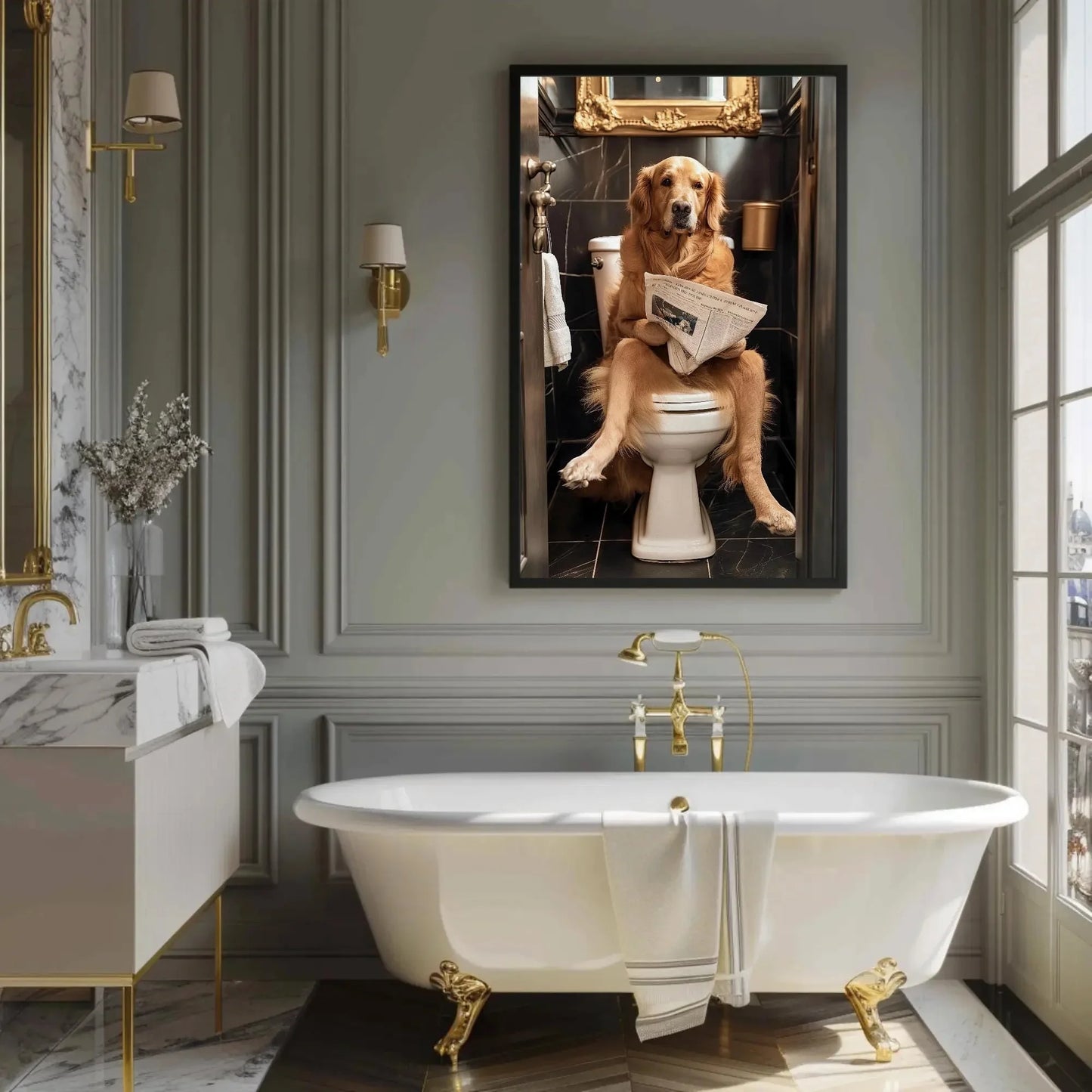 Golden Retriever Reading Newspaper on Toilet Canvas Print - Toilet Humor - Whimsical Bathroom Art - Funny Animal Print - HQ Ready to Hang Wall Art – Canvas Print