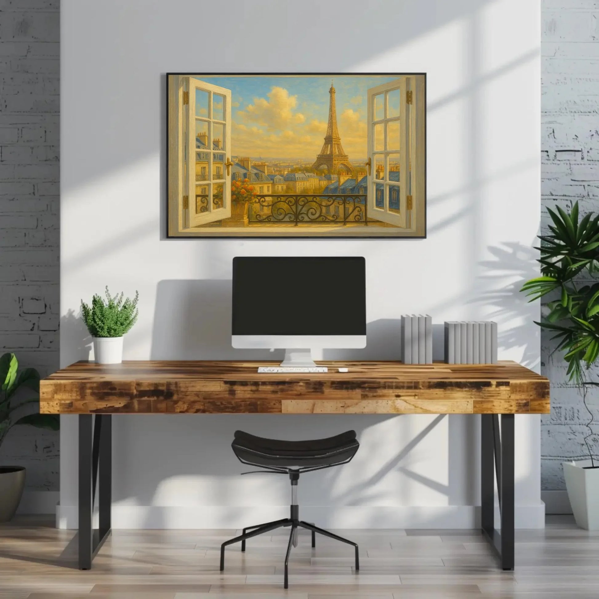 Paris Eiffel Tower open window view canvas wall art print for romantic French decor or bedroom and classic Parisian rooftop sunset Wall Art – Canvas Print