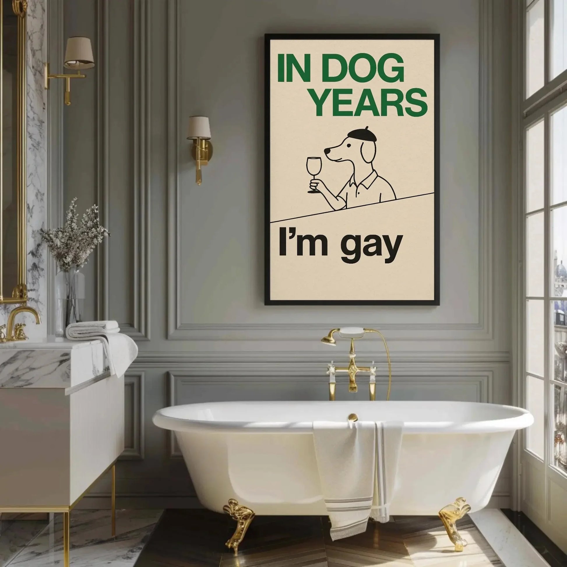 Funny gay dog print canvas wall art for LGBTQ living room or pride decor with retro cartoon style and in dog years I’m gay quote design Wall Art – Canvas Print