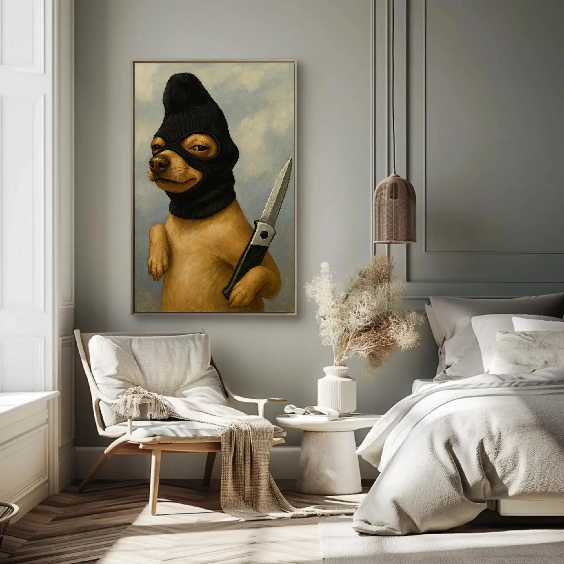 Funny criminal dog canvas wall art print for edgy home or dark humor decor with ski mask chihuahua and knife surreal animal painting Wall Art – Canvas Print