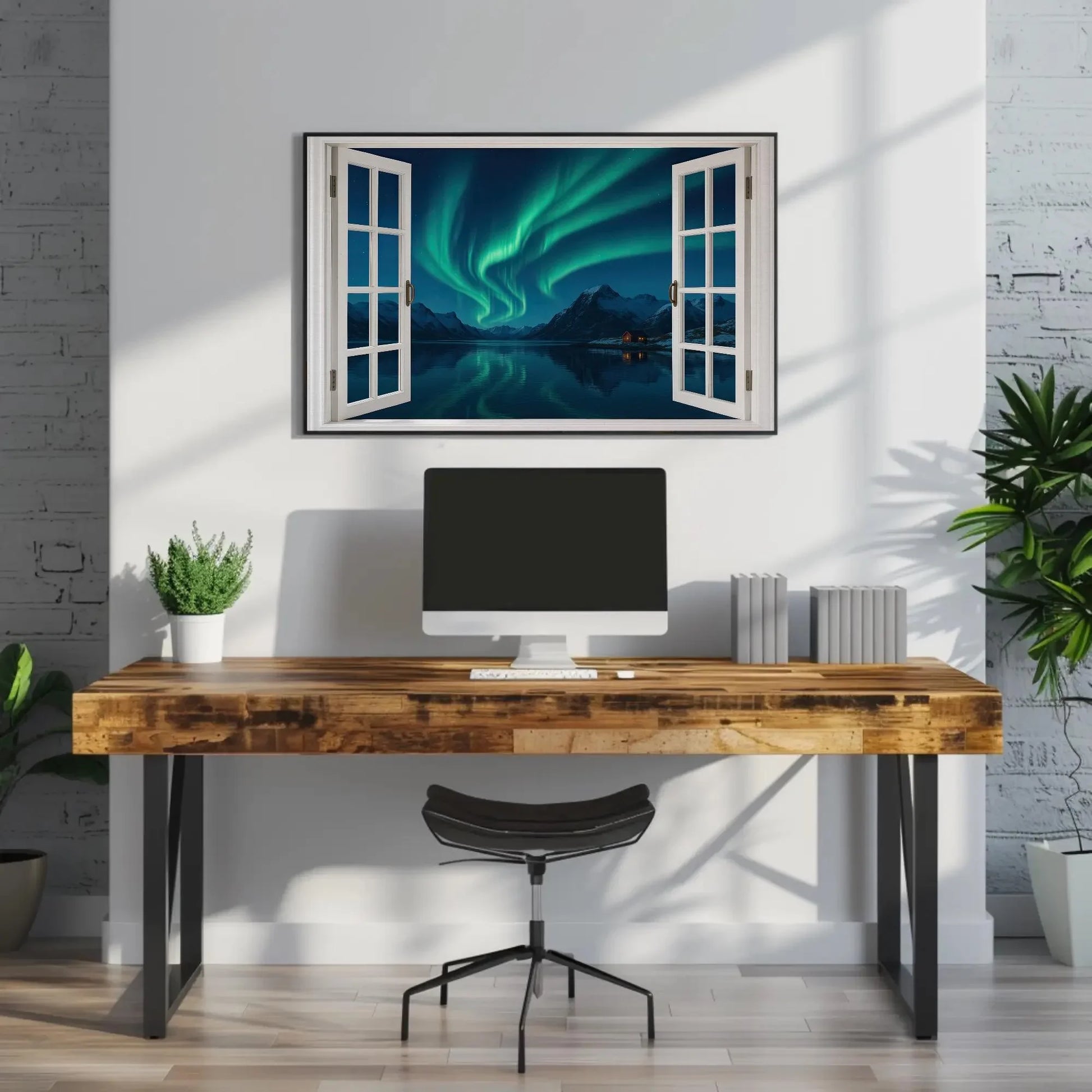 Northern lights open window view canvas wall art print for Scandinavian winter decor or night sky lovers aurora borealis painting Wall Art – Canvas Print