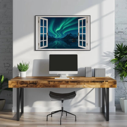 Northern lights open window view canvas wall art print for Scandinavian winter decor or night sky lovers aurora borealis painting Wall Art – Canvas Print