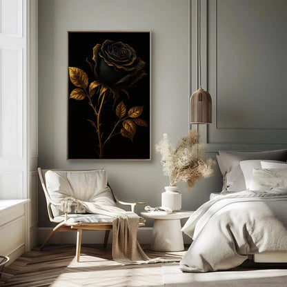 Elegant black rose canvas wall art print for gothic bedroom or moody floral decor with gold trimmed petals on black luxury background Wall Art – Canvas Print