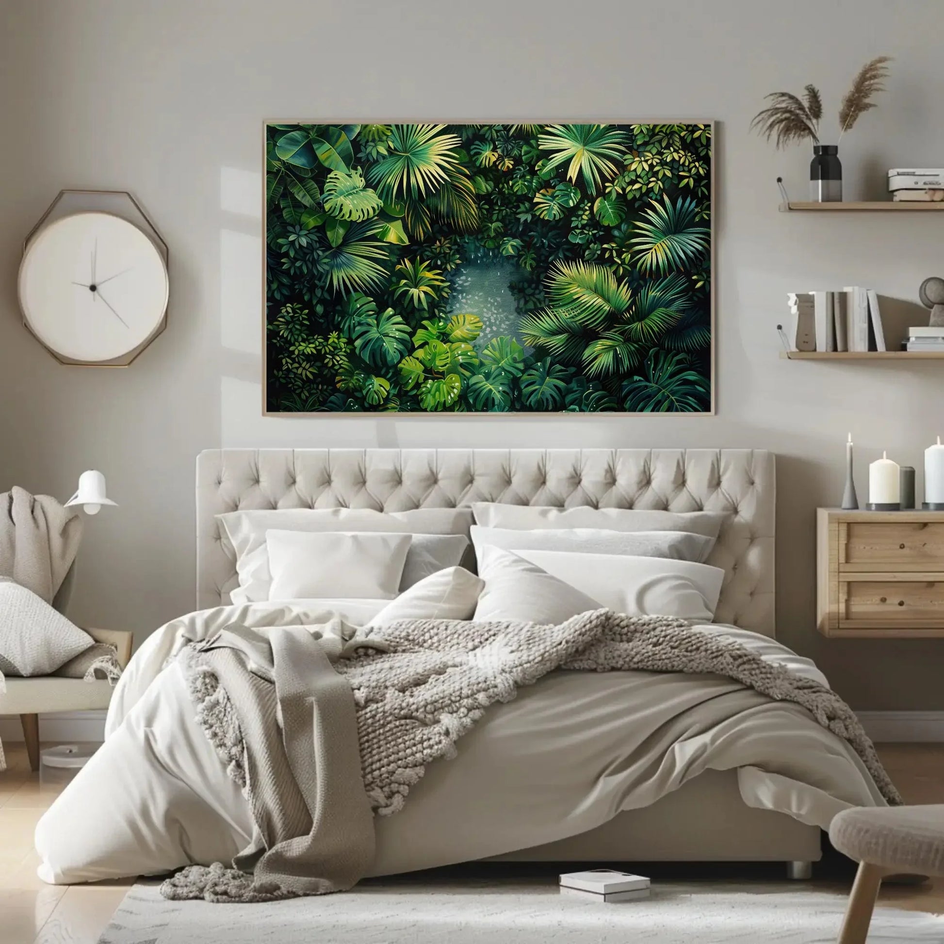 Tropical Jungle Wall Art With Monstera And Palm Leaves – Lush Green Botanical Canvas For Spa Room, Jungle Bathroom Or Boho Decor Wall Art – Canvas Print