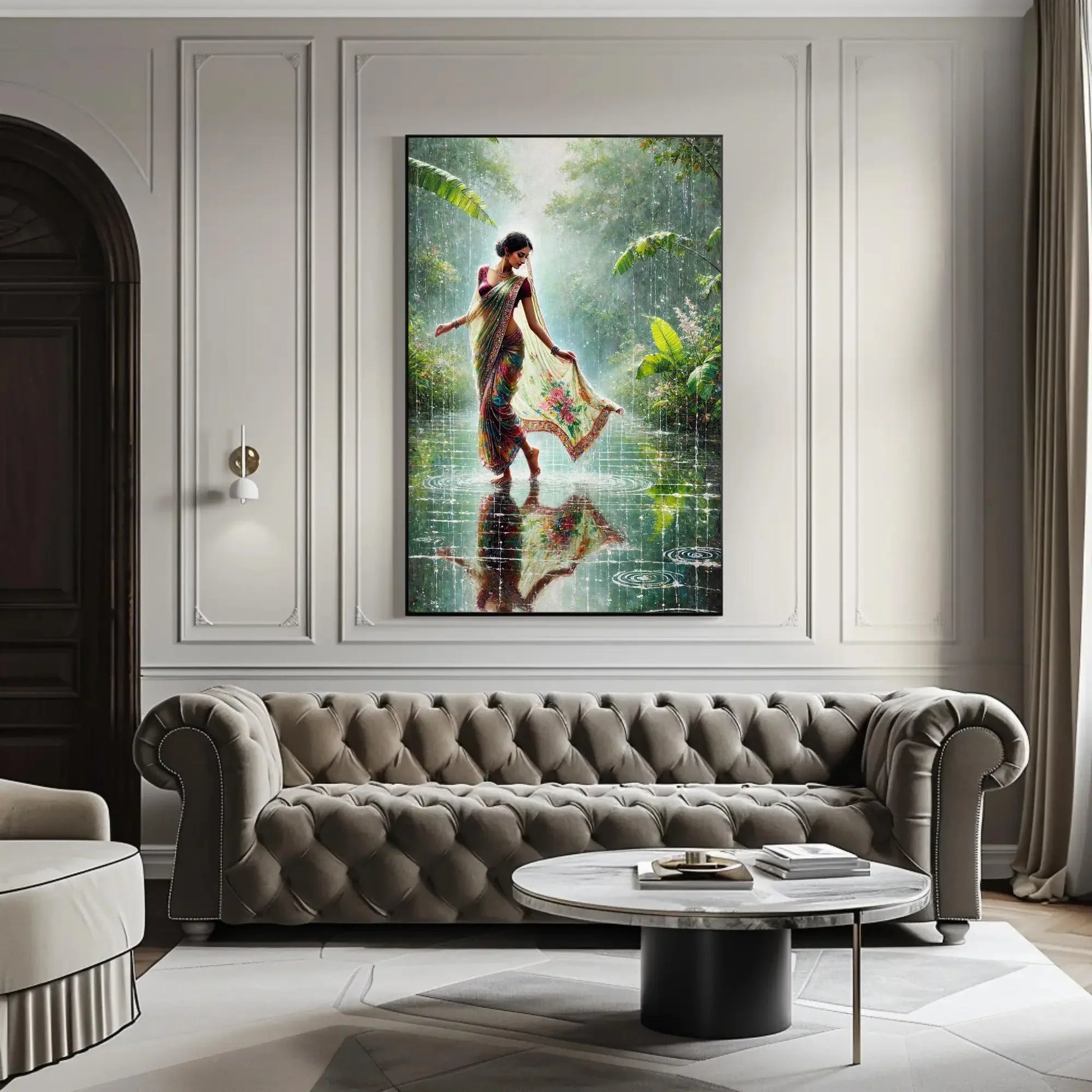 Monsoon Magic: Indian Women in Rain Canvas Print | Vibrant Traditional Oil Painting | Cultural Indian Wall Art for Living Room or Bedroom Wall Art – Canvas Print