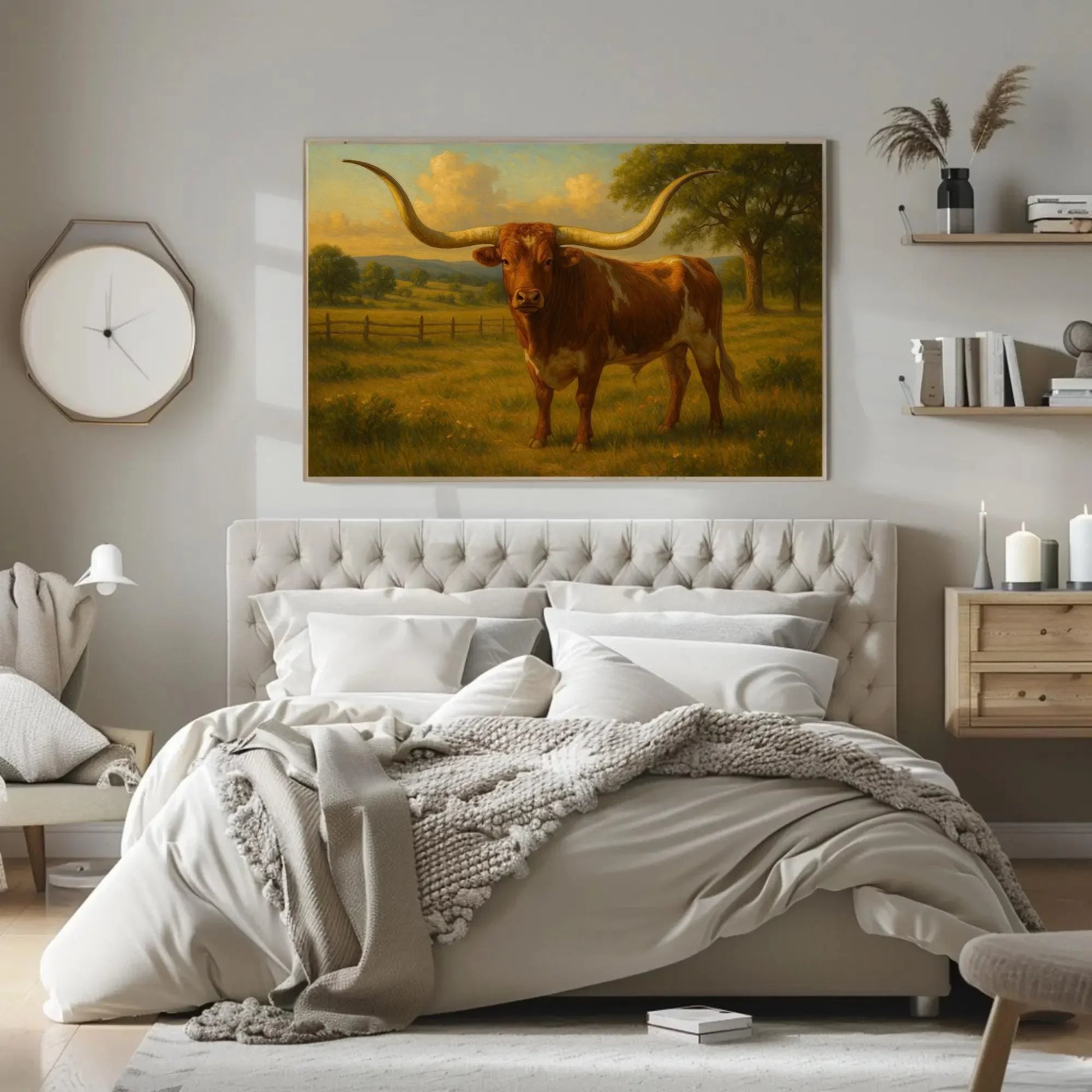 Majestic Texas Longhorn Bull Artwork Rustic Western Ranch Farmhouse Cattle Animal Print Cowboy Country Wall Art Home Decor Wall Art – Canvas Print