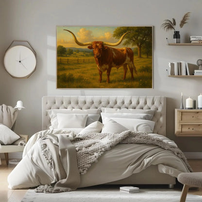Majestic Texas Longhorn Bull Artwork Rustic Western Ranch Farmhouse Cattle Animal Print Cowboy Country Wall Art Home Decor Wall Art – Canvas Print