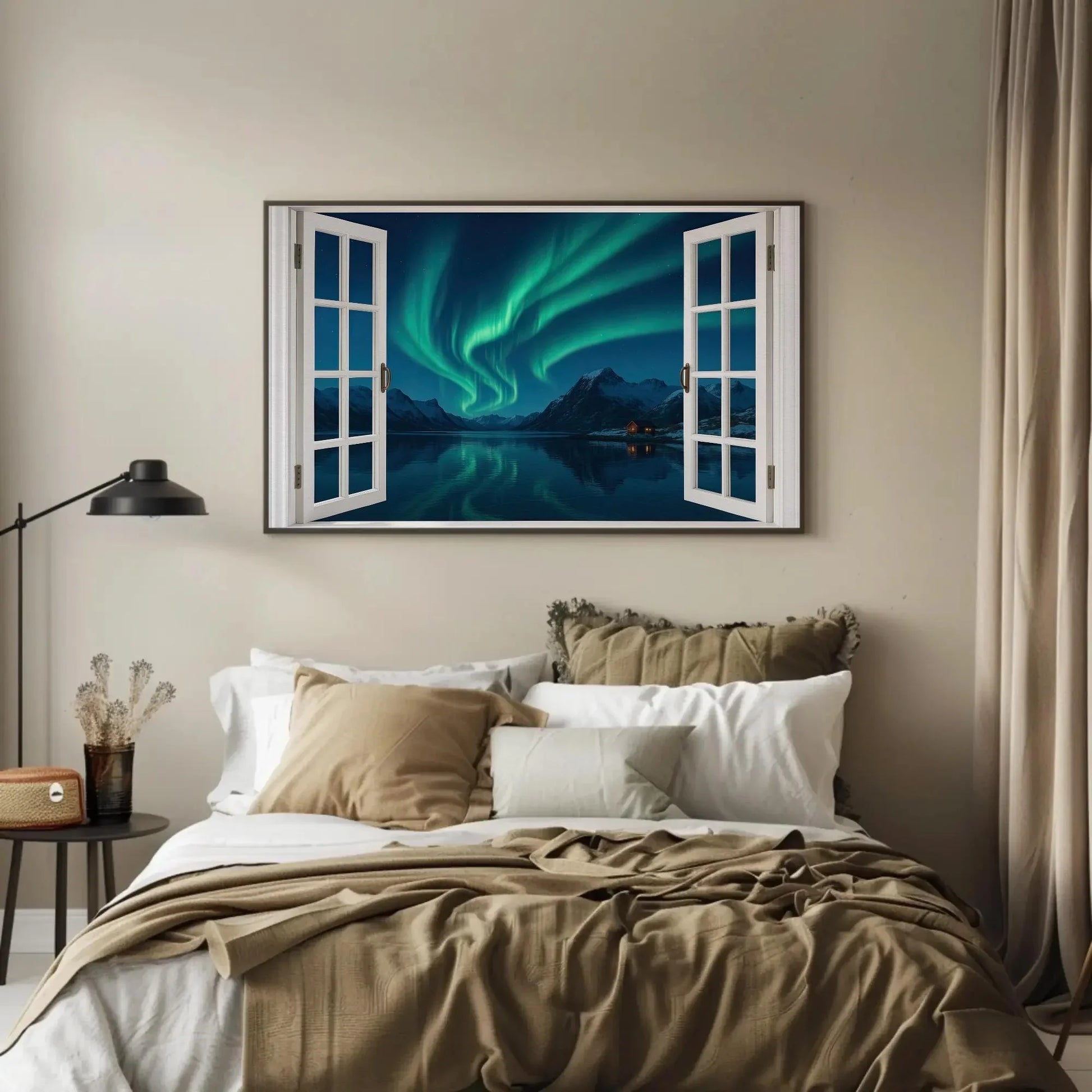 Northern lights open window view canvas wall art print for Scandinavian winter decor or night sky lovers aurora borealis painting Wall Art – Canvas Print
