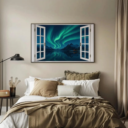 Northern lights open window view canvas wall art print for Scandinavian winter decor or night sky lovers aurora borealis painting Wall Art – Canvas Print