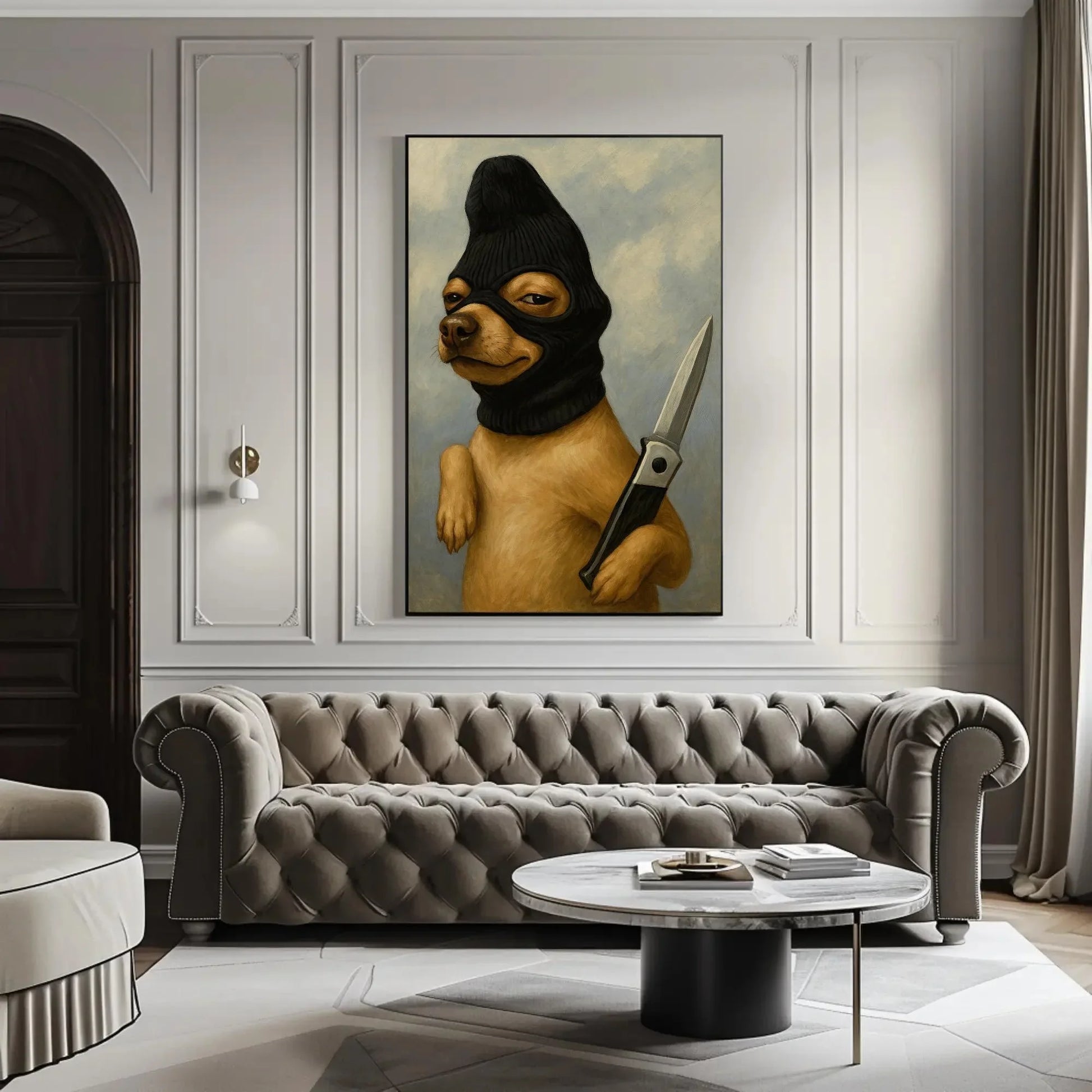 Funny criminal dog canvas wall art print for edgy home or dark humor decor with ski mask chihuahua and knife surreal animal painting Wall Art – Canvas Print