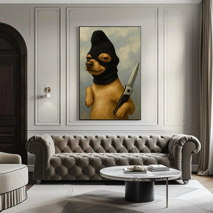Funny criminal dog canvas wall art print for edgy home or dark humor decor with ski mask chihuahua and knife surreal animal painting Wall Art – Canvas Print