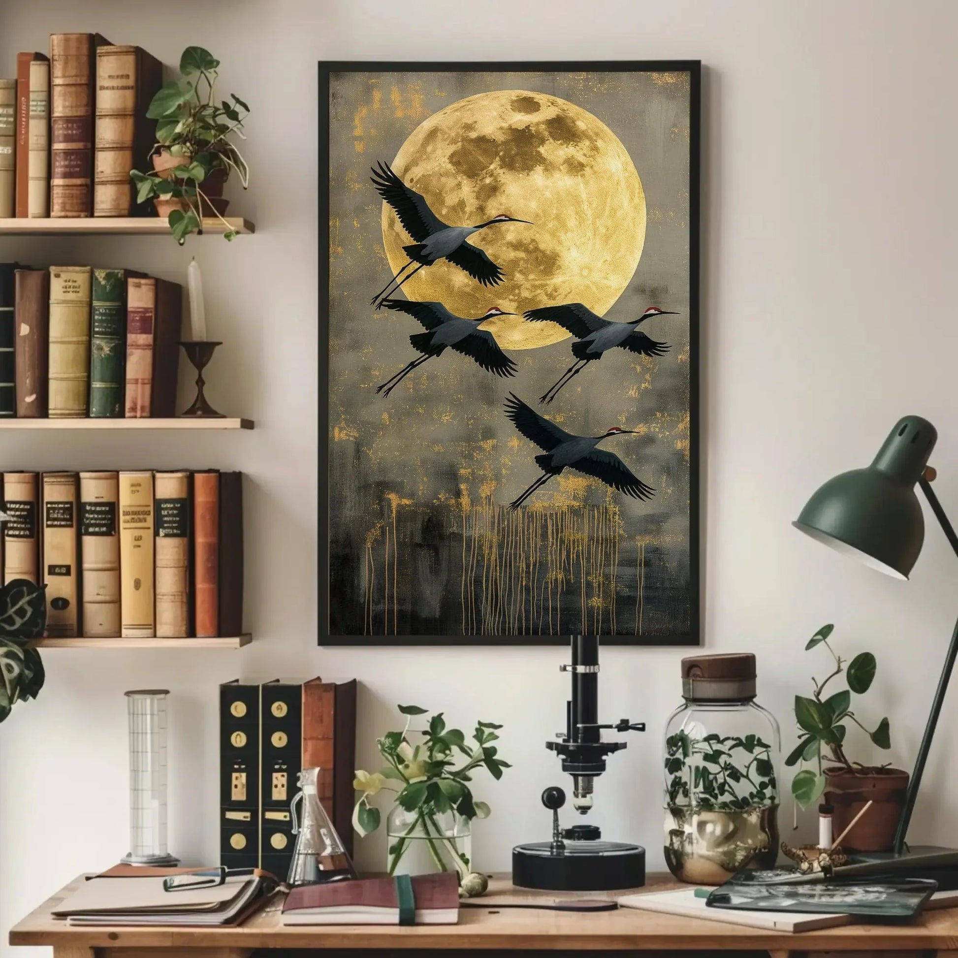 Flying Crane Canvas Print, Extra Large Golden Moon Sky Wall Art, Elegant Bird Painting, Japandi, Boho, Nature Bedroom and Living Room Decor Wall Art – Canvas Print
