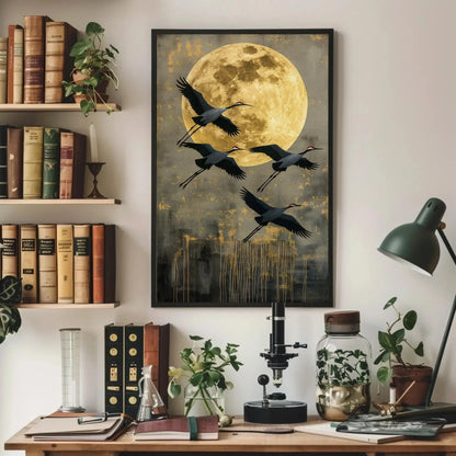Flying Crane Canvas Print, Extra Large Golden Moon Sky Wall Art, Elegant Bird Painting, Japandi, Boho, Nature Bedroom and Living Room Decor Wall Art – Canvas Print
