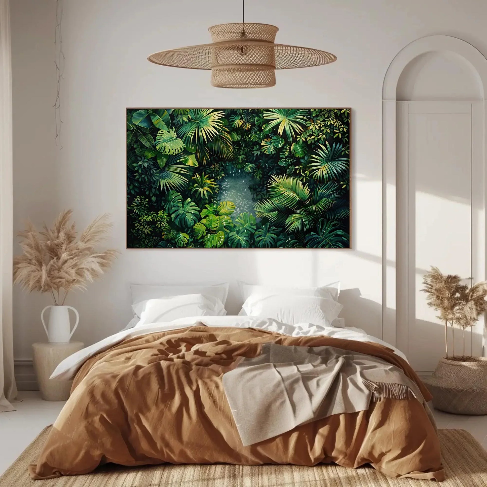 Tropical Jungle Wall Art With Monstera And Palm Leaves – Lush Green Botanical Canvas For Spa Room, Jungle Bathroom Or Boho Decor Wall Art – Canvas Print