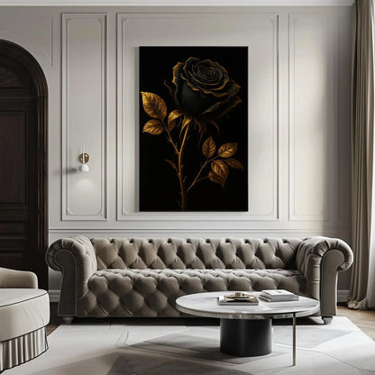 Elegant black rose canvas wall art print for gothic bedroom or moody floral decor with gold trimmed petals on black luxury background Wall Art – Canvas Print