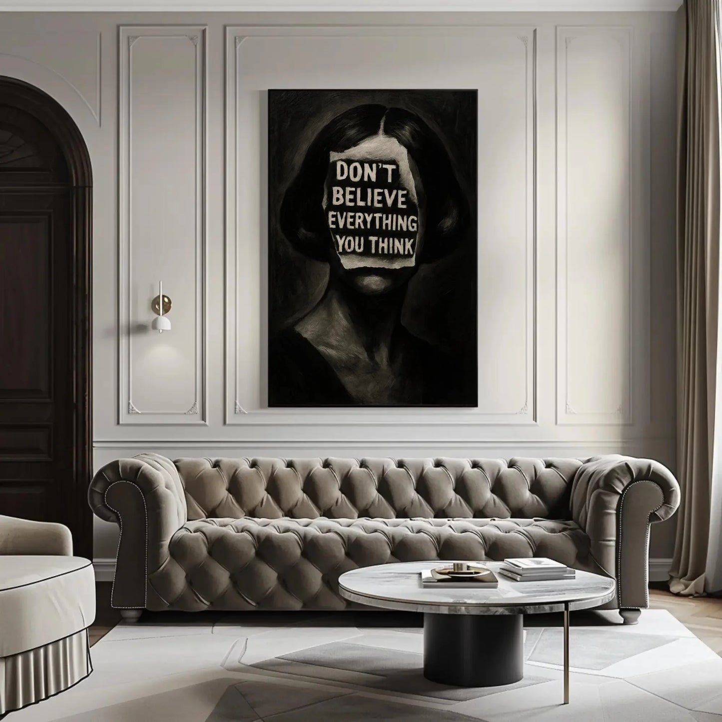 Inspirational surreal face canvas wall art print for mental health decor or gothic office with don’t believe everything you think quote Wall Art – Canvas Print