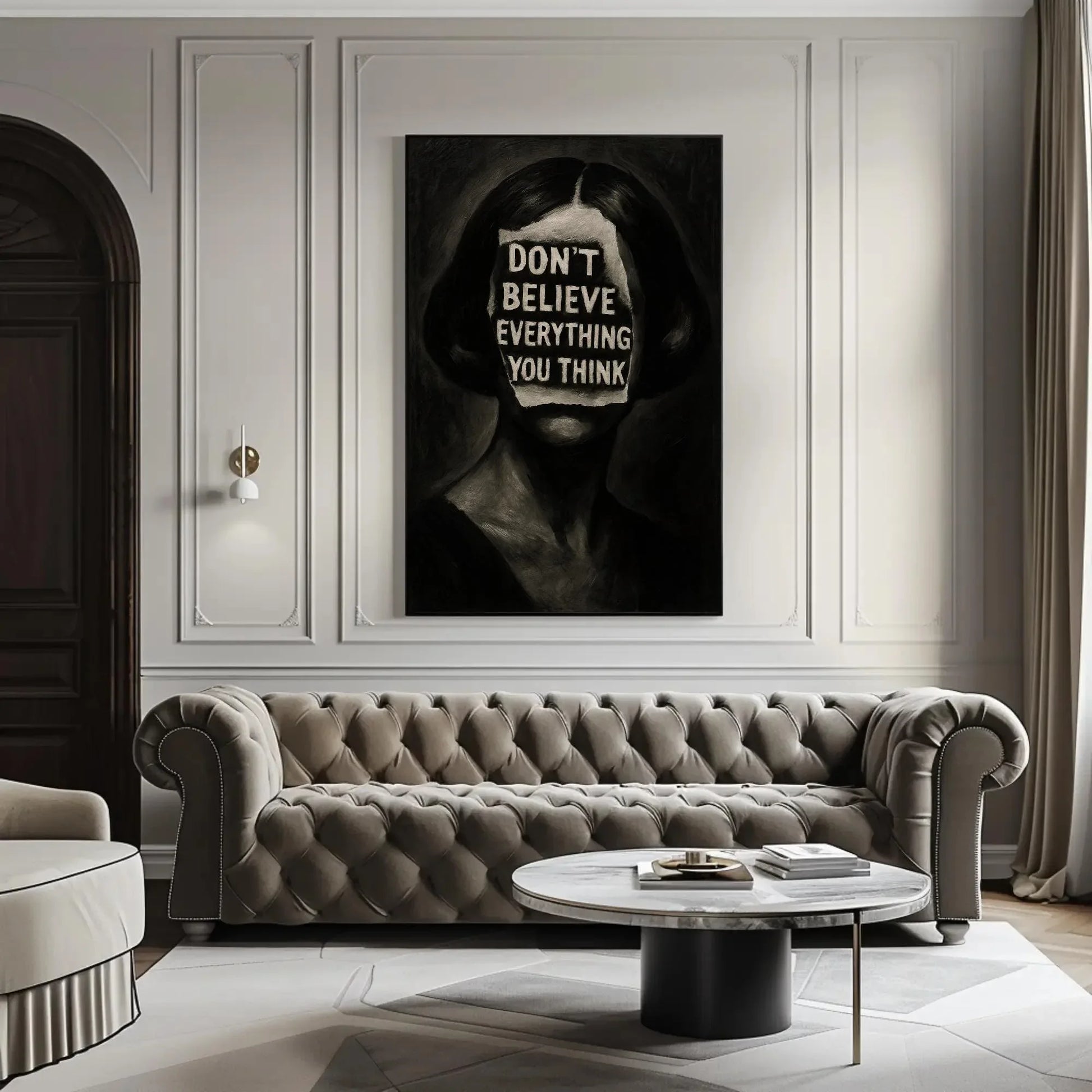 Inspirational surreal face canvas wall art print for mental health decor or gothic office with don’t believe everything you think quote Wall Art – Canvas Print