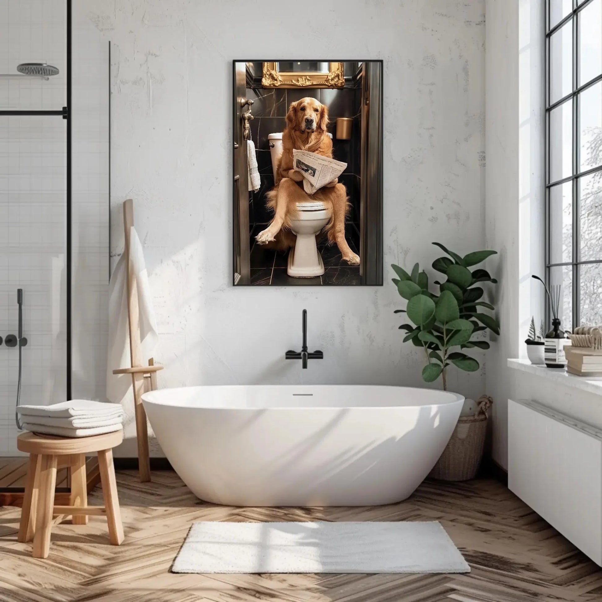 Golden Retriever Reading Newspaper on Toilet Canvas Print - Toilet Humor - Whimsical Bathroom Art - Funny Animal Print - HQ Ready to Hang Wall Art – Canvas Print