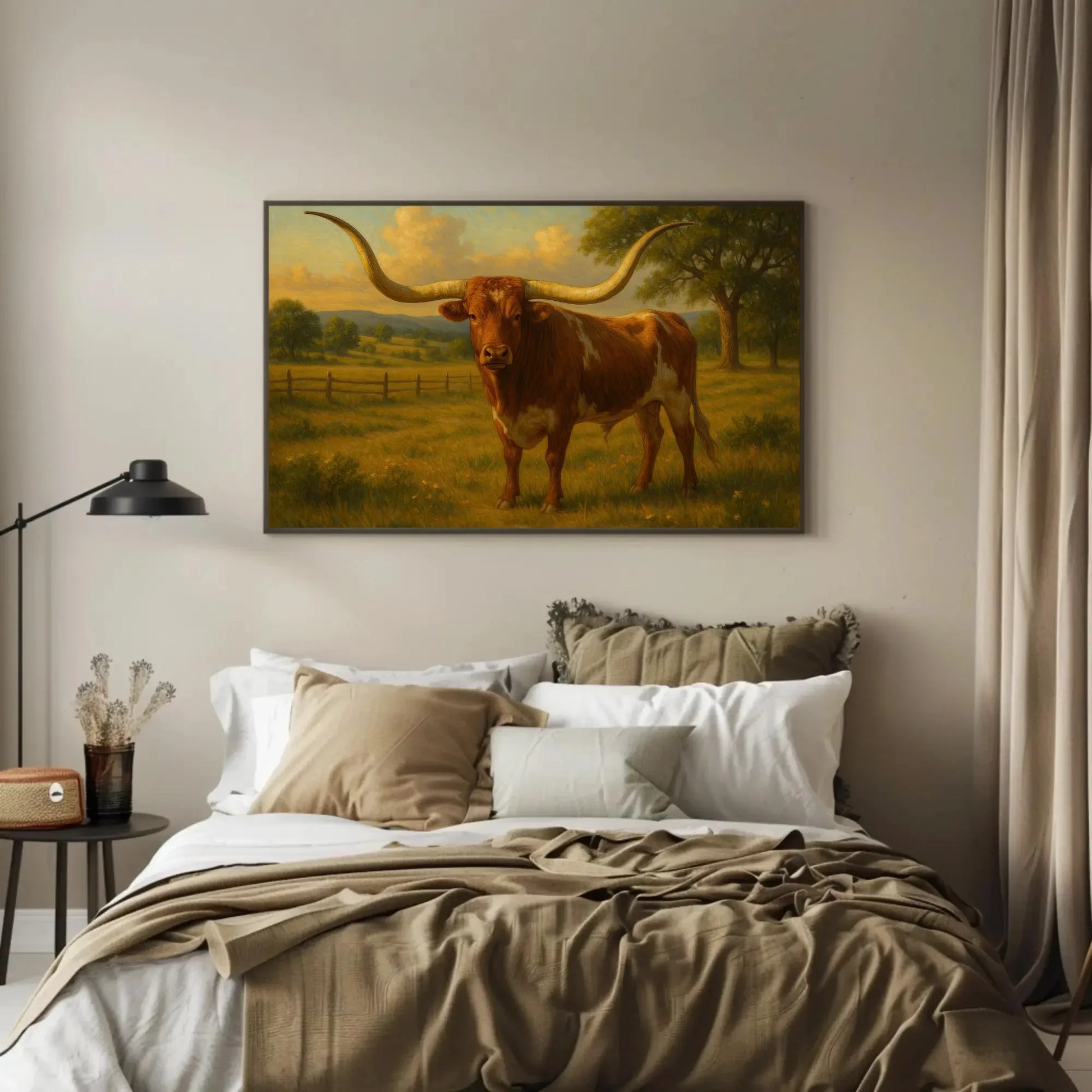 Majestic Texas Longhorn Bull Artwork Rustic Western Ranch Farmhouse Cattle Animal Print Cowboy Country Wall Art Home Decor Wall Art – Canvas Print