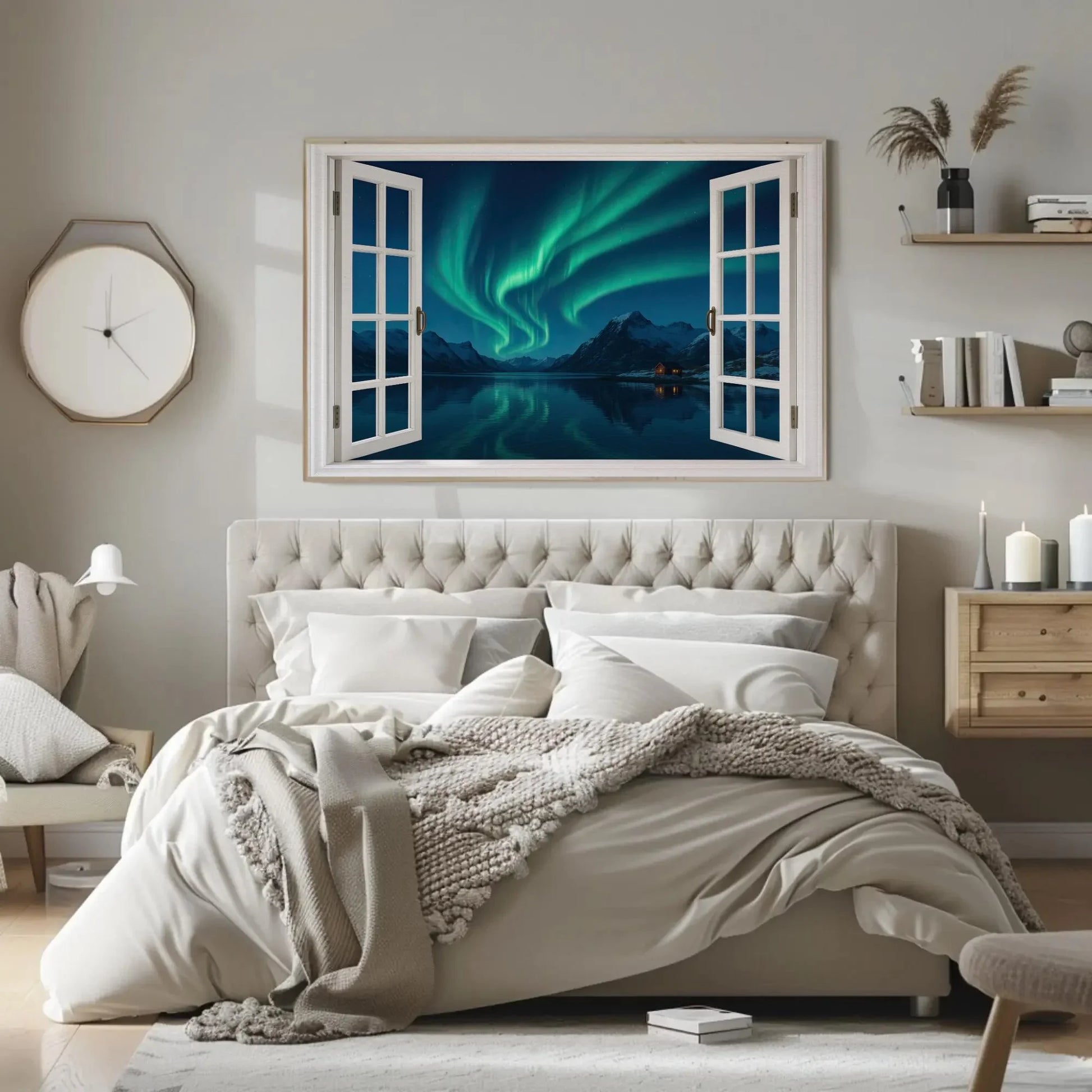 Northern lights open window view canvas wall art print for Scandinavian winter decor or night sky lovers aurora borealis painting Wall Art – Canvas Print