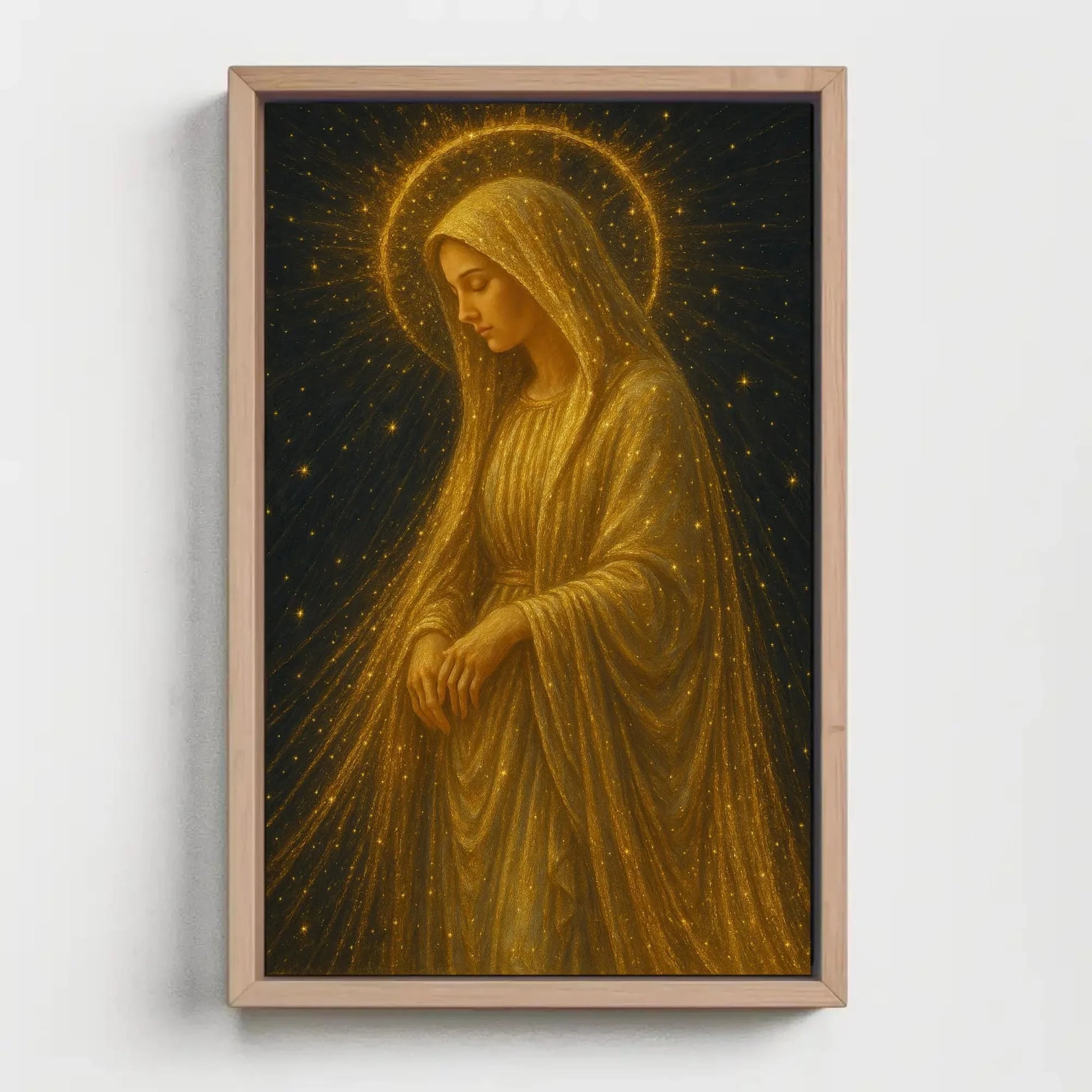 Golden Virgin Mary canvas wall art painting for spiritual home decor or celestial prayer room with glowing stars and radiant halo print Wall Art – Canvas Print