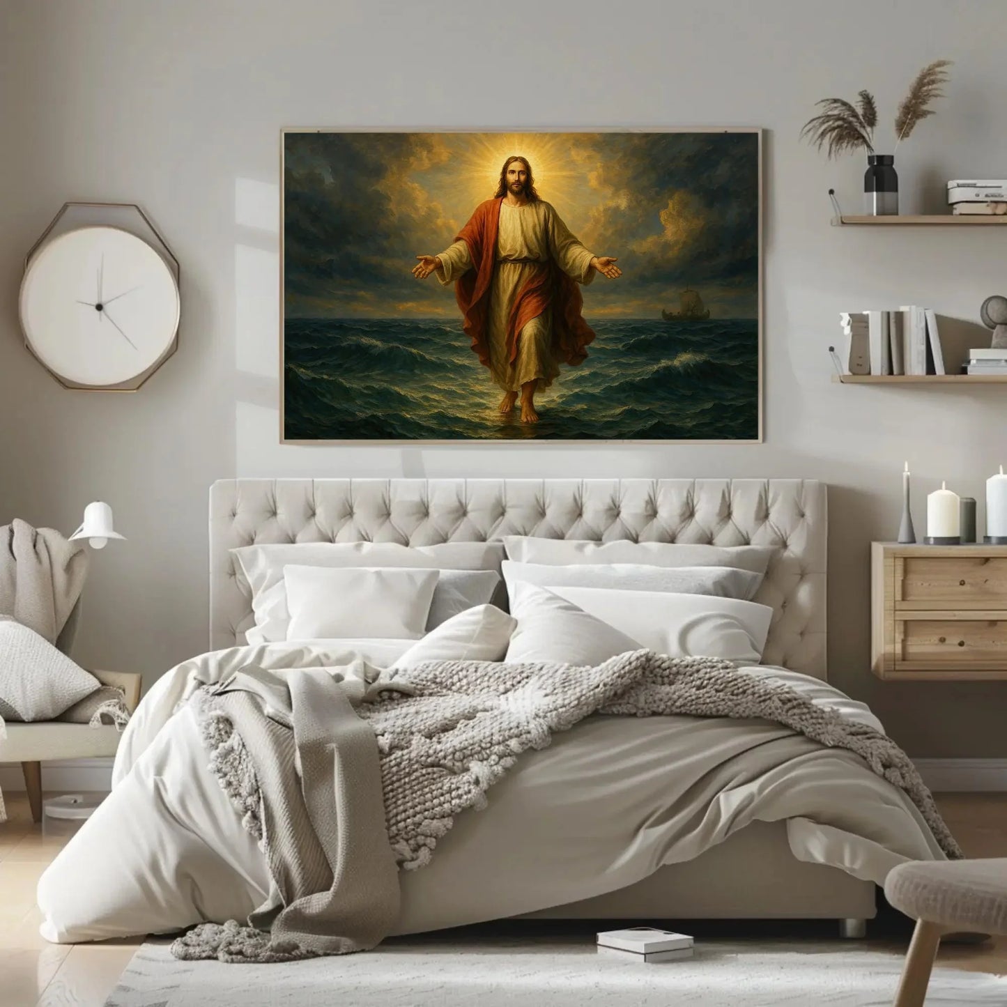 Jesus walking on water canvas wall art print for Christian home or church decor with glowing halo ocean miracle and biblical faith scene Wall Art – Canvas Print