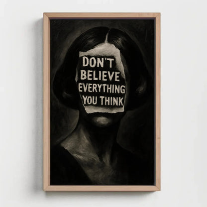 Inspirational surreal face canvas wall art print for mental health decor or gothic office with don’t believe everything you think quote Wall Art – Canvas Print
