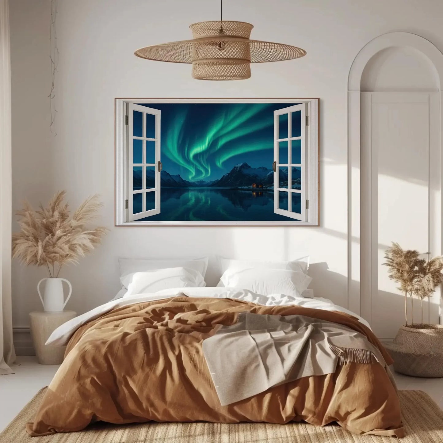 Northern lights open window view canvas wall art print for Scandinavian winter decor or night sky lovers aurora borealis painting Wall Art – Canvas Print