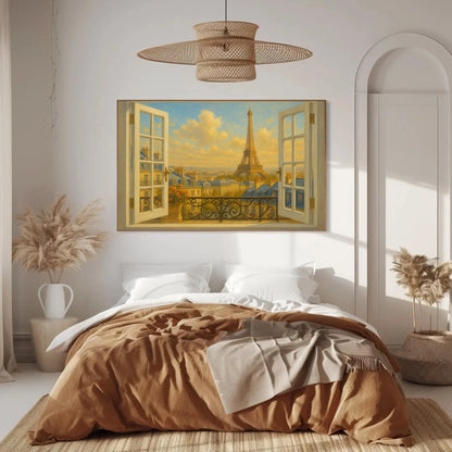 Paris Eiffel Tower open window view canvas wall art print for romantic French decor or bedroom and classic Parisian rooftop sunset Wall Art – Canvas Print