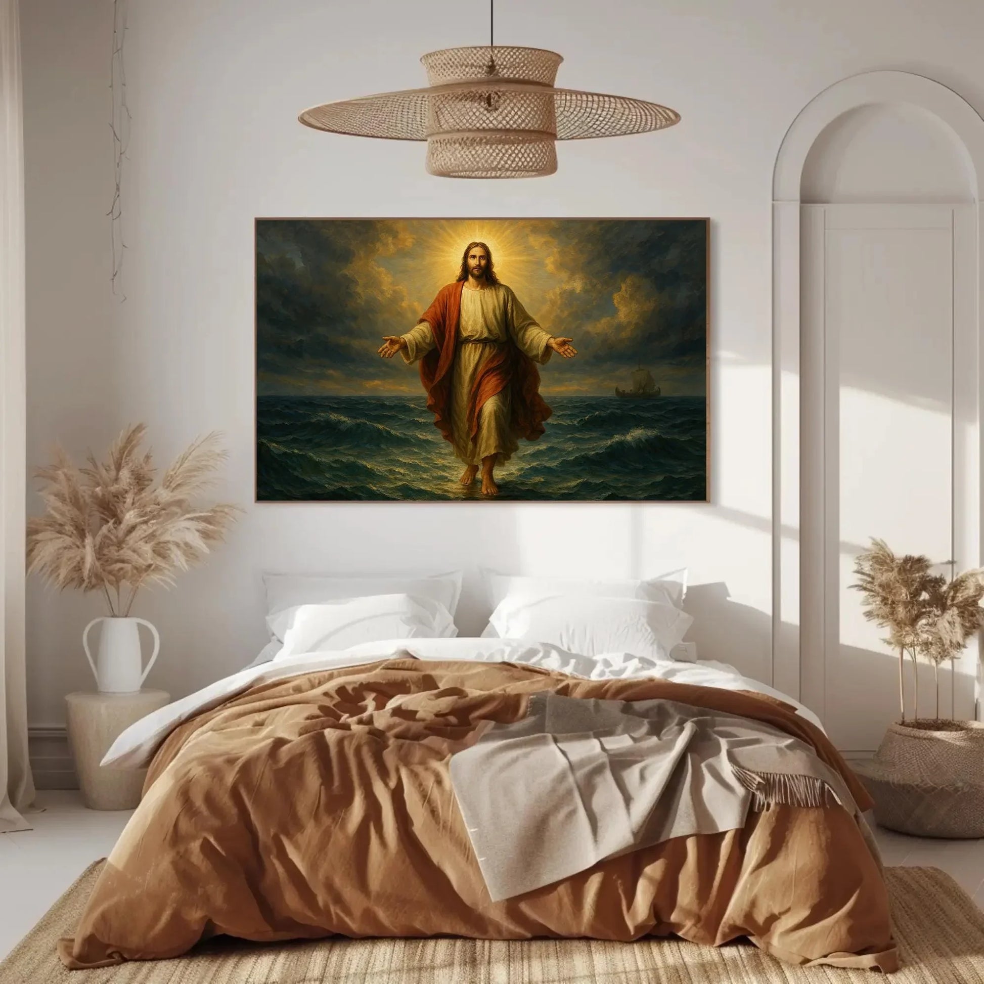 Jesus walking on water canvas wall art print for Christian home or church decor with glowing halo ocean miracle and biblical faith scene Wall Art – Canvas Print