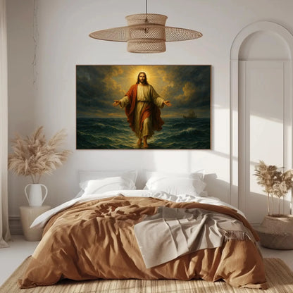 Jesus walking on water canvas wall art print for Christian home or church decor with glowing halo ocean miracle and biblical faith scene Wall Art – Canvas Print