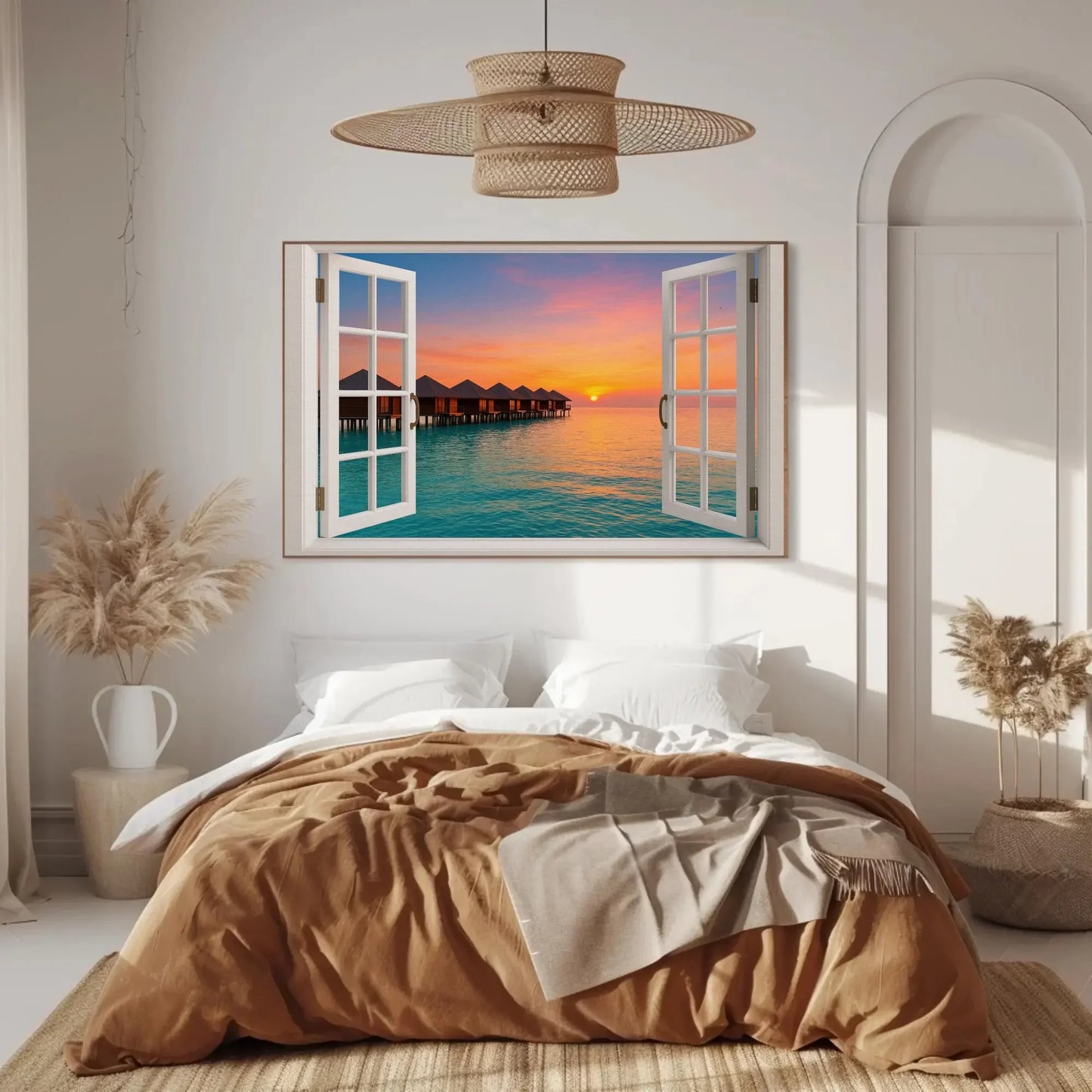 Maldives overwater bungalow canvas wall art print with open window view of tropical sunset ocean for beach house or island escape decor Wall Art – Canvas Print
