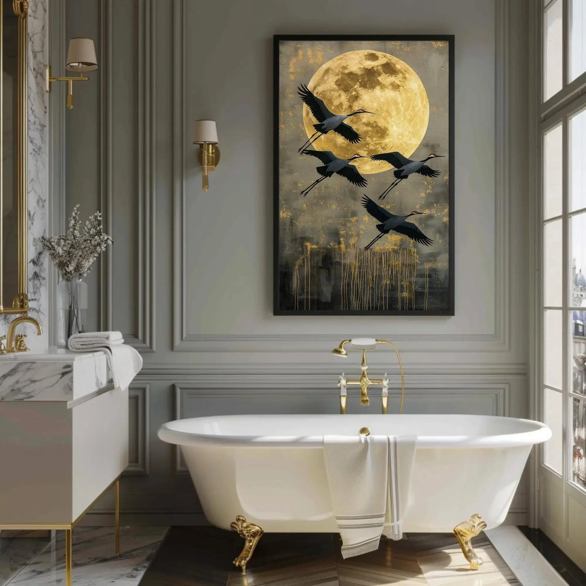 Flying Crane Canvas Print, Extra Large Golden Moon Sky Wall Art, Elegant Bird Painting, Japandi, Boho, Nature Bedroom and Living Room Decor Wall Art – Canvas Print