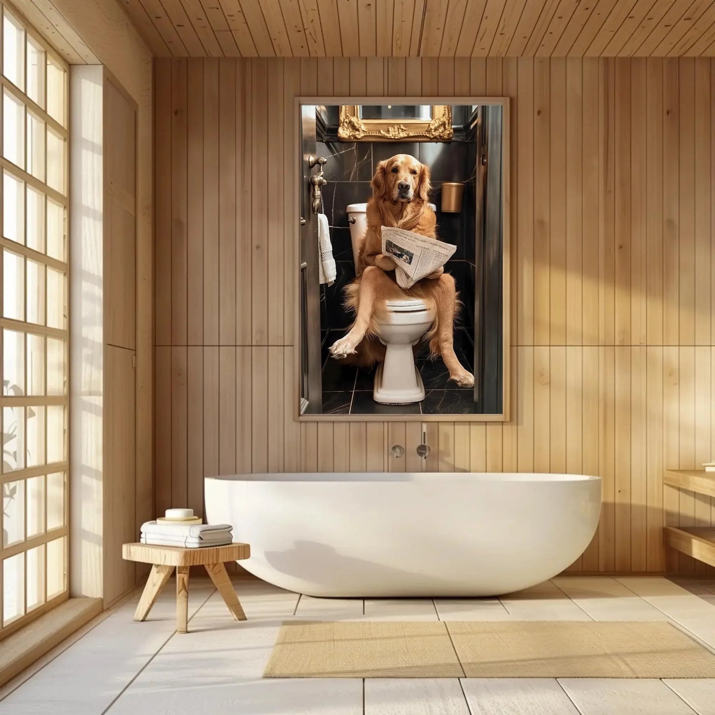 Golden Retriever Reading Newspaper on Toilet Canvas Print - Toilet Humor - Whimsical Bathroom Art - Funny Animal Print - HQ Ready to Hang Wall Art – Canvas Print